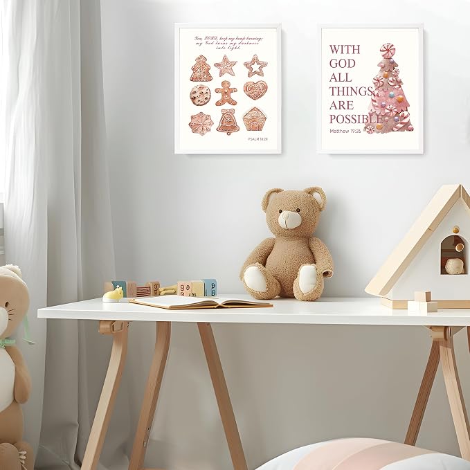 LARTSFRO Coquette Pink Christmas Gingerbread House Gifts Wall Art Decor Posters, Cute Christmas Gingerbread Man Christian Room Bathroom Bedroom Dorm Wall Art Decor Aesthetic for College Teen Girls Gifts, Inspirational Bible Verses Gingerbread Wall Deco...
