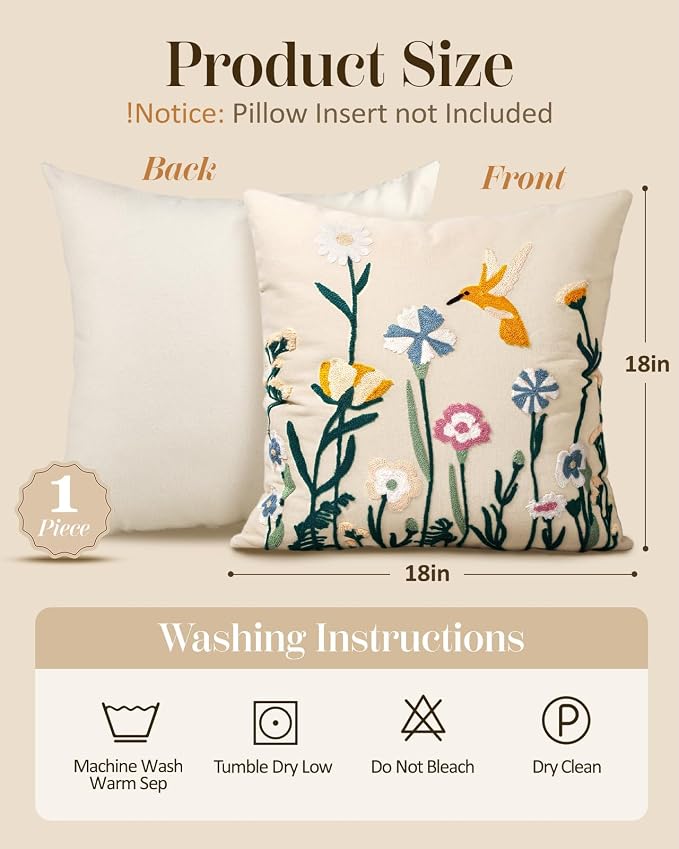 Embroidered Throw Pillow Cover 18x18 Inch, Flower Bird | Decorative Pillow Cover, Floral Cottagecore Cushion Case with Hidden Zipper, Farmhouse Decor for Couch, Sofa, Living Room