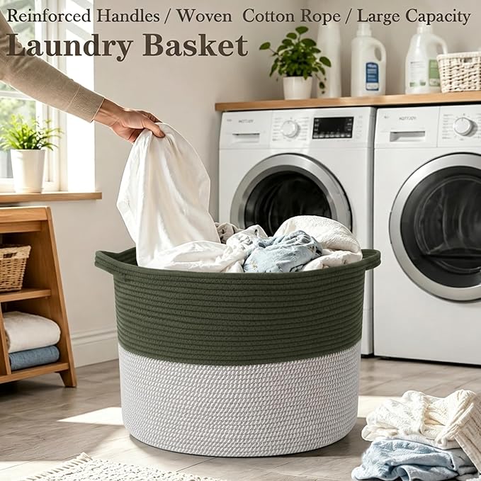 115L Extra Large Blanket Basket,Woven Laundry Basket-Green&White | Collapsible, reinforced handles, nursery storage bin organizes clothes, toys and pillows for living room, bedroom bathroom