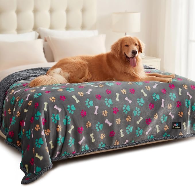 Luciphia Waterproof Dog Blanket Reversible Sherpa Fleece for Large Dogs Cat | Soft Print Pet Blanket Washable Pee Proof, Furniture Protector for Couch Sofa Bed Car, Cozy Throw (85" x 57", Grey Bone)