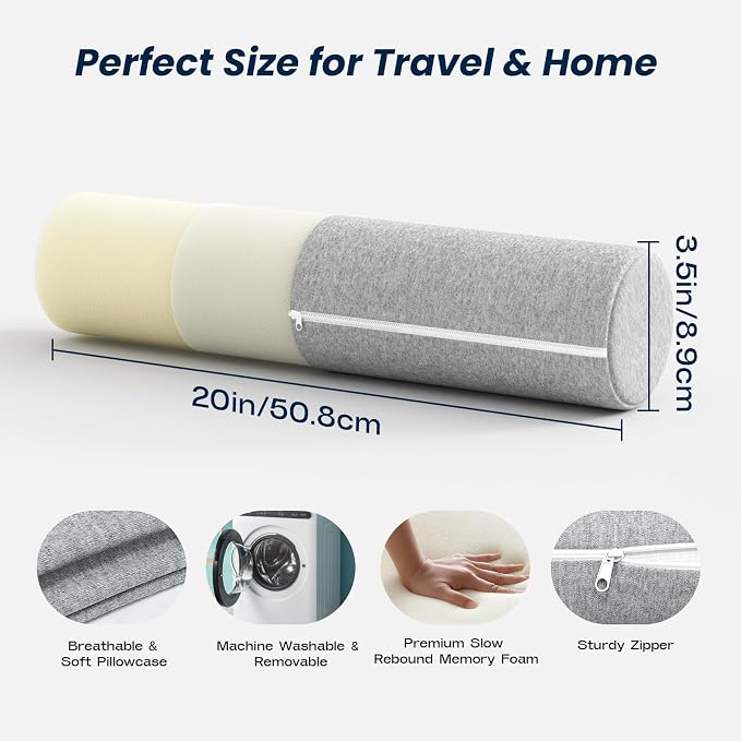Neck Roll Cervical Pillow for Neck Pain Relief - Memory Foam Neck Pillow for Bed | Round Neck Pillows for Sleeping (Grey, X-Small - 3.5" H)