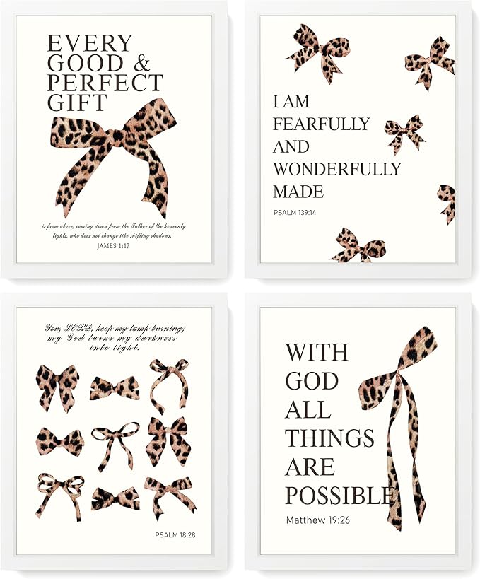 LARTSFRO Coquette Leopard Bow Wall Art Decor Posters, Y2K Cheetah Leopard Bow Room Bedroom Bathroom Dorm Wall Art Decor Aesthetic for College Teen Girls Gifts, Inspirational Bible Verses Bow Wall Decor, 10x8 Inch Set of 4 Pcs Cheetah Bow Pictures (WHIT...