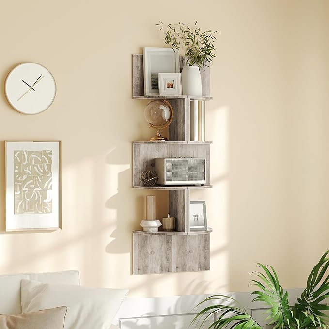 HOOBRO Corner Shelf Wall-Mounted, Set of 2 Floating Corner Shelves for Wall, 4-Tier Corner Bookshelves for Wall Decor in Living Room, Bedroom, Bathroom, Home Office, Greige BG25BJP201