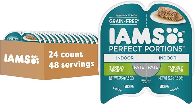 IAMS Perfect Portions Grain Free Pate Wet Cat Food, Turkey, 24 Count | Grain-free, Vitamin E immune support, dietary fiber & prebiotic for digestion, no fillers, 2.6 oz. snap-peel-serve twin packs