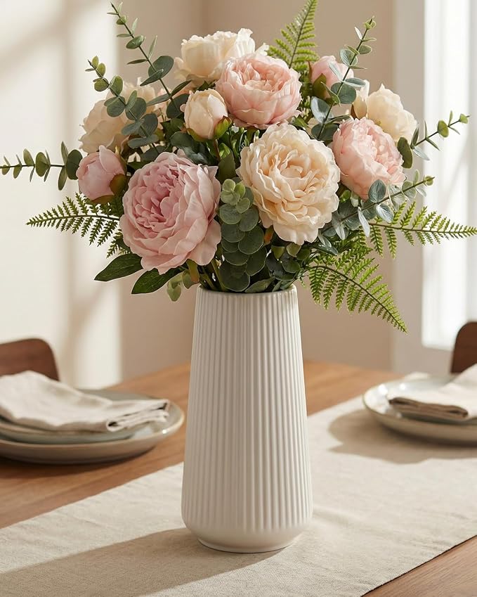 White Ceramic Vase, 8 Inch Flower Vases for Pampas Grass and Dried Flowers, Modern Vase for Living Room Table, Kitchen Shelf, Wedding Centerpiece Decor
