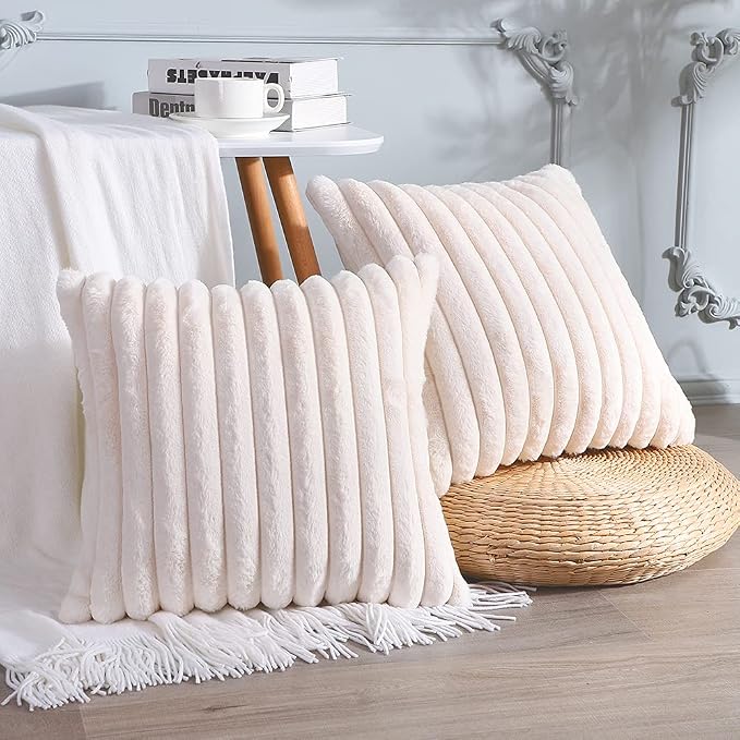Soleebee Set of 2 Throw Pillow Covers Soft Cozy Velvet Pillowcase Faux Rabbit Fur Cover for Couch Sofa Bed Chair Home Decorative Pillows Cover (24x24 Inch, Beige White)