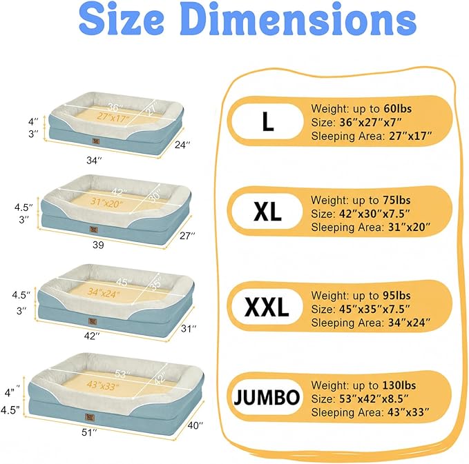 Orthopedic Washable XXL Dog Bed for Extra Large Dogs | Egg Crate Foam, 4-Sided Bolster Support, Waterproof Liner, Non-Slip Bottom, Removable Bolster Cover, 45 x 35 Inch