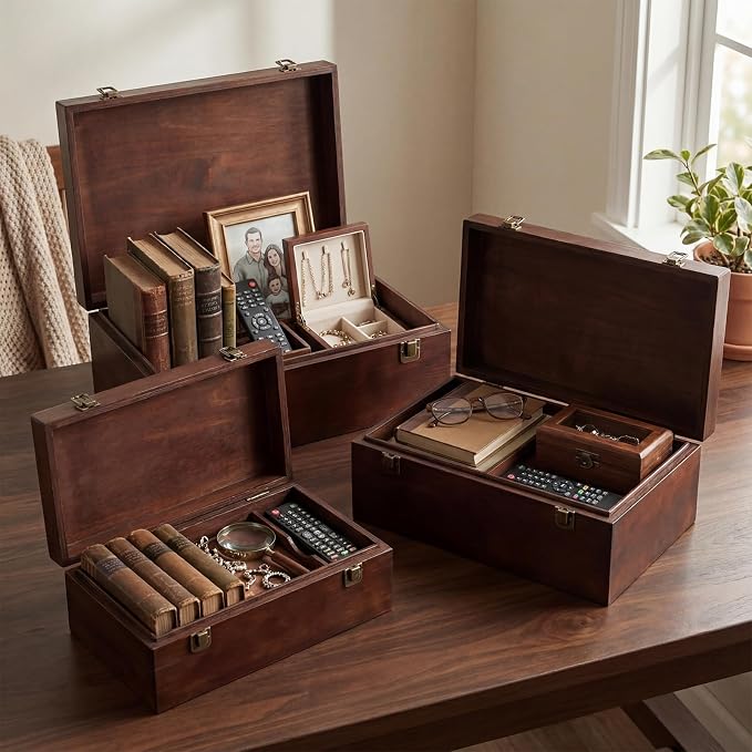 Sliner 3 Pcs Wooden Decorative Storage Boxes with Lids Vintage Wood Organizer Bins for Your Bookshelf Home Decor Safely Store Photos Documents Memory Jewelry Craft Storage (Dark Brown,S M L Size)