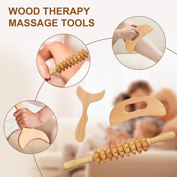 SAMEBUTECO 3 in 1 Lymphatic Drainage Massager Wood Manual Fascia Massage Roller and Gua Sha Tool Set for Body Release Cellulite Anti Cellulite and Relieve Muscle Fatigue 3 Packs