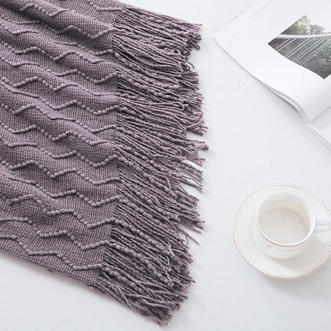 BOURINA Dark Lavender Throw Blanket 50x60 Inch Knit Soft Throw Sofa Blanket | Knitted Throw Blanket 50x60 Inches, Soft Lightweight Boho Weave Throw Decorative Couch Blanket for Living Room Bedroom Chair