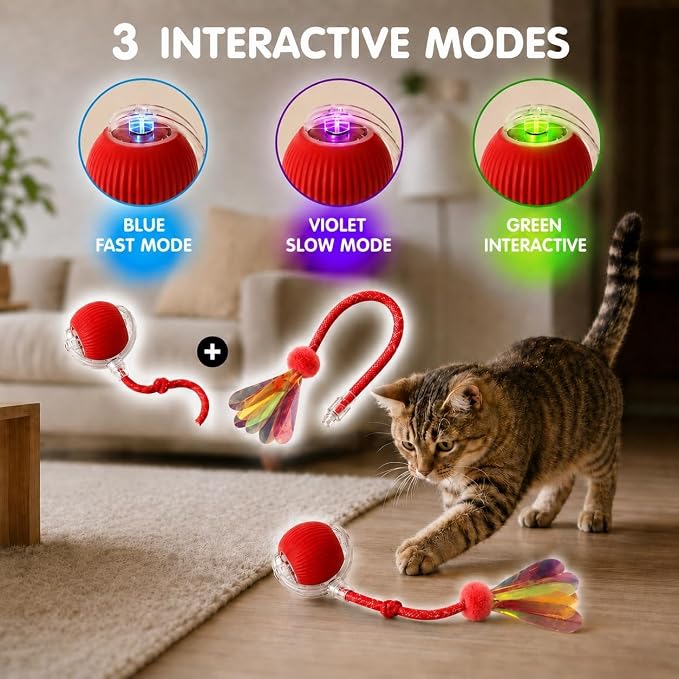 Durable Interactive Cat Toys for Indoor Cats, Smart Automatic Cat Chase Ball Toy, Upgraded Speedy Tail Kitten Toy for Bored Indoor Adult Pets (red, 01)