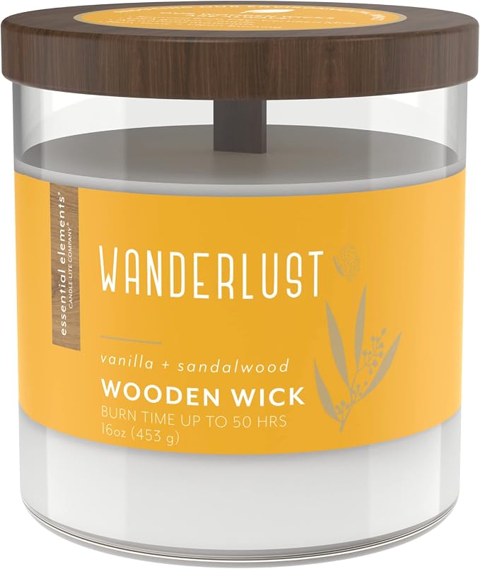 Essential Elements by Candle-Lite Company Wood Wick Scented Candle, Wanderlust, One 16 oz. Single-Wick Aromatherapy Candle with 50 Hours of Burn Time, White