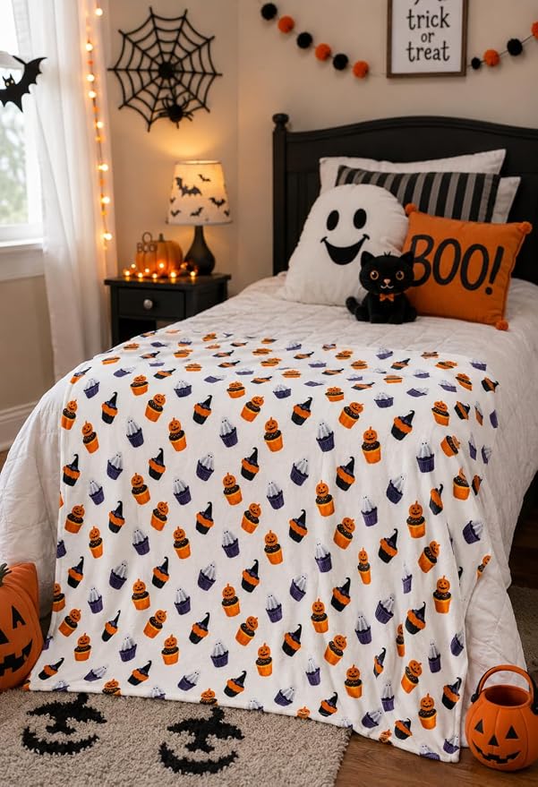 Halloween Ghost Fleece Throw Blanket, Cute Ghosts & Pumpkins, 50x60 | Ultra-soft cozy flannel fleece, for sofa bed couch chair & dorms, spooky Halloween décor, durable and machine washable.
