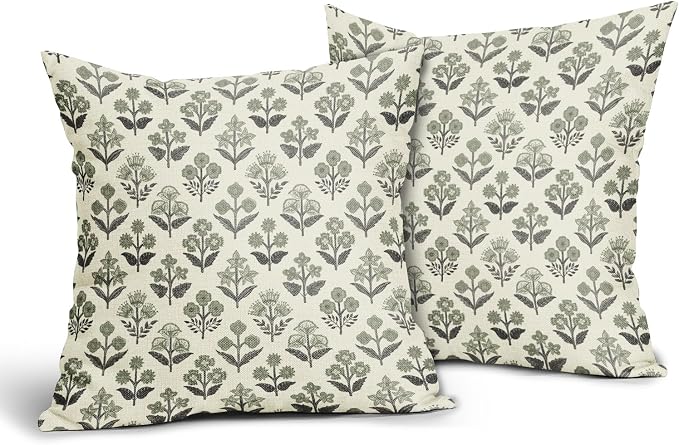 Black Sage Green Floral Block Print Pillow Covers 24x24 Inch Set of 2, Vintage Flower Pattern Spring Summer Decorative Throw Pillowcases Outdoor Farmhouse Cushion Covers Seasonal Sofa Couch Bed Decor