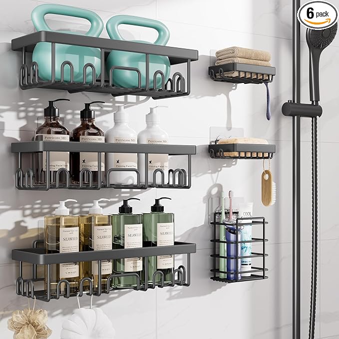 Veken Rustproof & Waterproof Shower Caddy 6-Pack, No Drilling Adhesive Shelves Rack with Soap Holder, Large Capacity Bathroom Organizers and Storage, Wall-Mounted Kitchen & Home Decor, Dark Grey