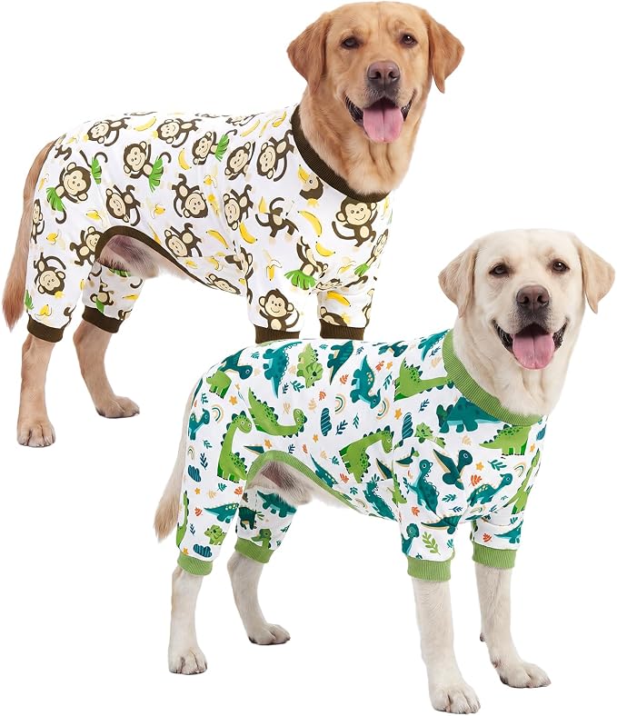 XPUDAC 2 Pack Dog Pajamas for Medium Large Sized Dogs, Soft Stretch Dog Onesie, Lightweight Warm Pet Pjs Outfit Boy Pet Clothes Dinosaur Monkey Print, 7XL