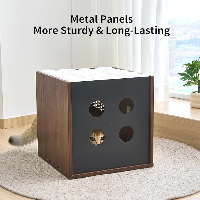 Wooden Indoor Cat House Suitable for Pets Under 66 Lbs, for Large Cats, Sturdy & Durable Semi-Enclosed Cat Bed Condo with Removable Washable Plush Cushion,Easy Video Assembly