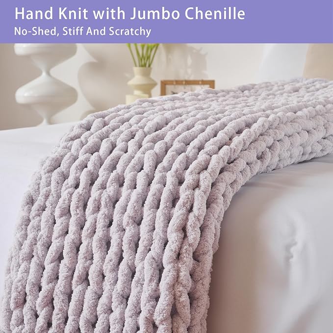 Bigacogo Chunky Knit Throw Blanket for Couch, 40x40 inches, Berry Haze | Hand Knit with Jumbo Chenille, Soft Breathable Cable Knit for Sofa Bed Living Room, Machine Washable, Gift for Mom Friend