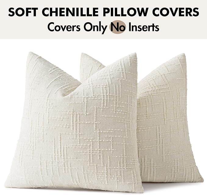 MIULEE Chenille Textured Throw Pillow Covers Cream White 18x18 Set of 2 | Slubby Decorative Pillows, Boho Farmhouse Home Decor, Modern Neutral Cushion Covers for Couch Sofa Bed Living Room