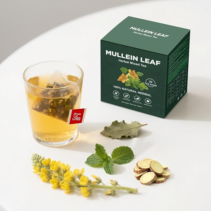 Natural Mullein Tea Bags for Lungs -Mullen Leaf & Herbal Blend Mint Leaves for Respiratory Support & Detox Tea Caffeine-Free 20Bags
