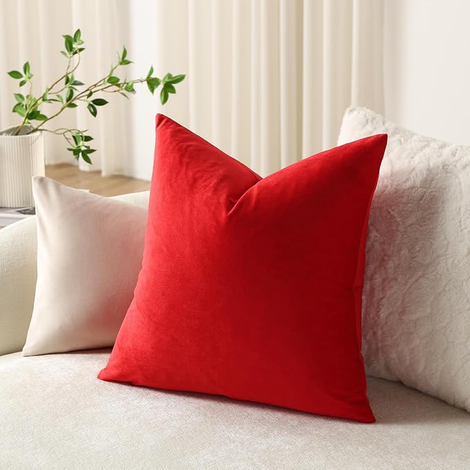 Euro Sham Covers 26x26 Christmas Red: Pack of 2 Cozy Soft Velvet Square Modern Luxury Decorative Throw Pillow Cases for Sofa Couch Living Room Bed Home Decor