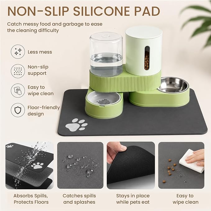 Gravity Cat Feeder 2 Pack Automatic Food Feeder and Water Dispenser Set Detachable Pet Bowl with Silicone Mat for Cats Small Medium Dogs, Large Capacity(Green)