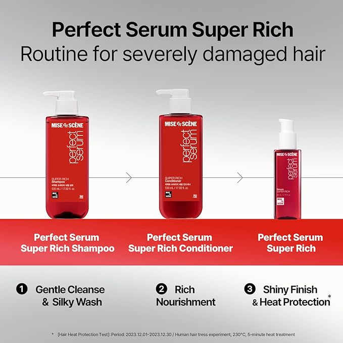 Mise En Scene Perfect Serum Super Rich Shampoo | Korean Shampoo for Severely Damaged Hair | Anti-Frizz, Hydrating, Nourishing | Korean Hair Care with Moroccan Oil, Jojoba Seed | 17.92 Fl Oz