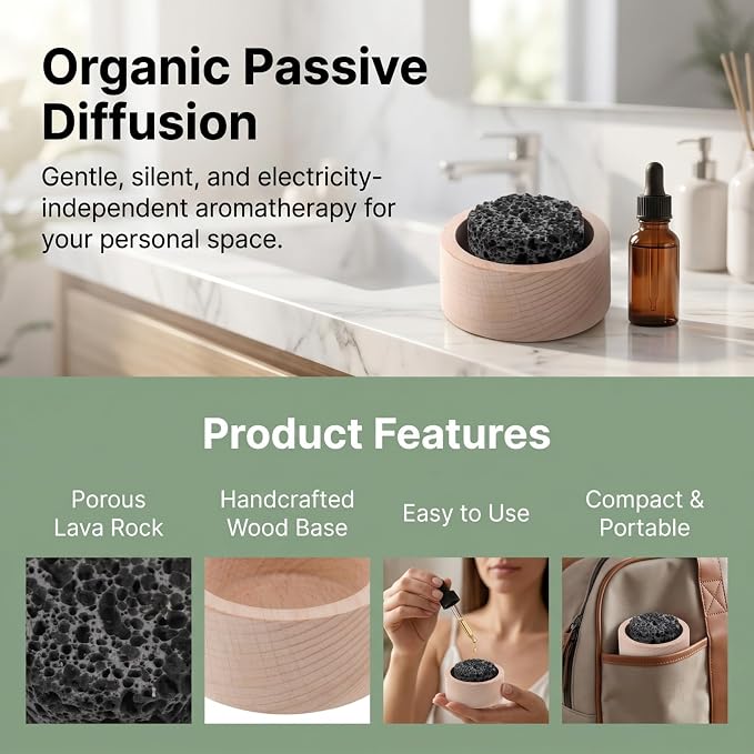 Baluue Passive Essential Oil Diffuser Lava Rock with Wood Base Small Personal Aromatherapy Stone for Essential Oils Desk Office Nightstand Car and Sauna