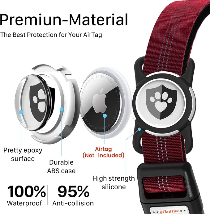 Waterproof AirTag Dog Collar with QR Code Dog Tag, Burgundy S | IP68 waterproof, QR code dog tag, Anti-Lost, Online profile, fits XS-L (8"-26"), Padded nylon, Reflective, No App, No Fees