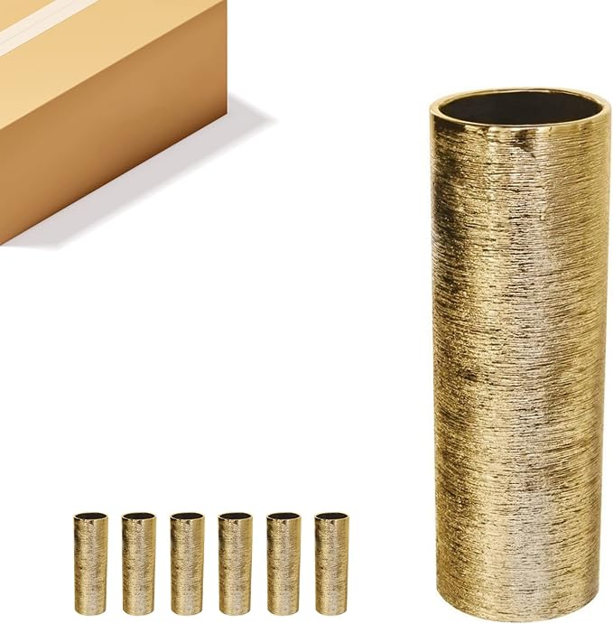 WGV Ceramic Cylinder Vase Bulk Width 5" Height 12" Elegant Unique Modern Matte Floral Container Planter Pot Centerpiece for Event Party Wedding Office Home Decor, Gold Textured 6 Pieces