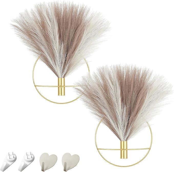 Pretty Jolly Boho Pampas Wall Decor Gold Metal Wall-Mounted Art | Morden Artificial Greenery Display，2 Pack Hanging Planter For Living Room, Bedroom, Bathroom, Dining room