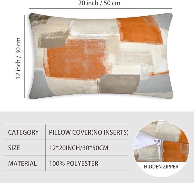 Orange and Grey Abstract Art Artwork Pillow Cover, Gallery Modern Decorative Throw Pillows Cushion Cover for Bedroom Sofa Living Room 12 x 20 Inch Set of 2