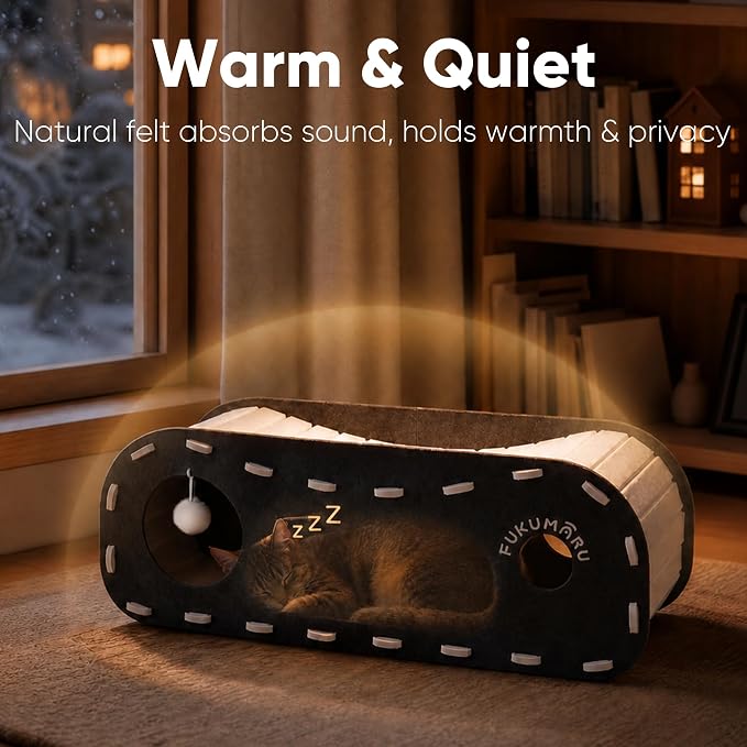 FUKUMARU Cat Bed Cave Tunnel, 31.5 Inch, Cat House Condo Indoor, Black | Extra Long Design, For Multiple & Large Cats, Felt Material, Fluffy Ball Included, Scratch Resistant