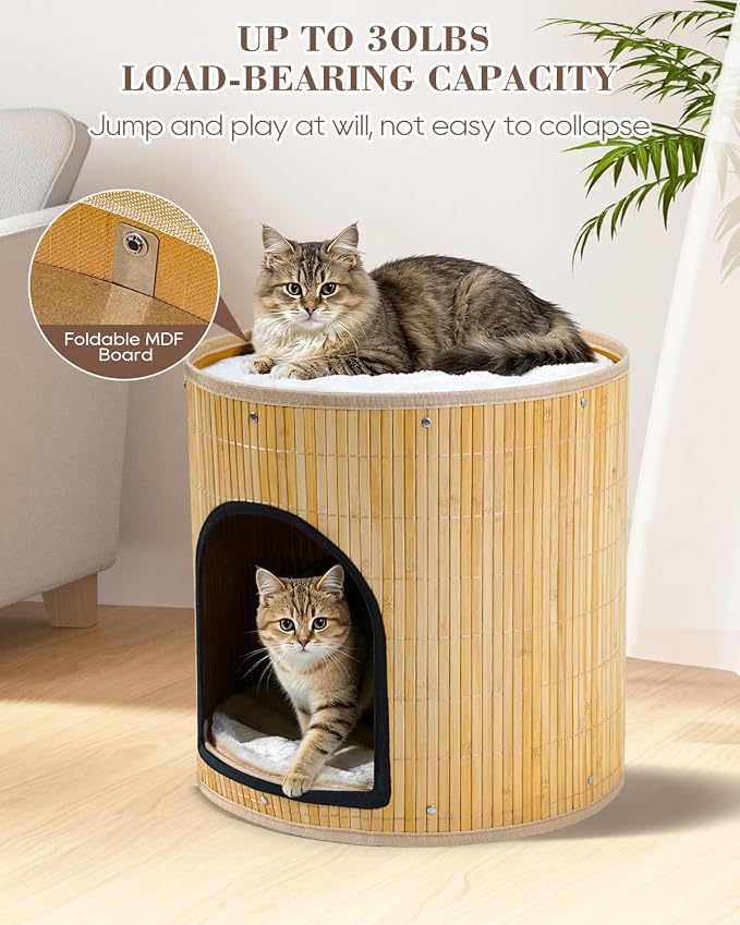 SYANDLVY Large Cat House, Kitten Condo with Bed for Indoor Cats, Portable ﻿ | 2-Tier Foldable Natural Bamboo Cave with Double-Sided Cushion, 15.5"x15.7" Washable Kitten Hideout