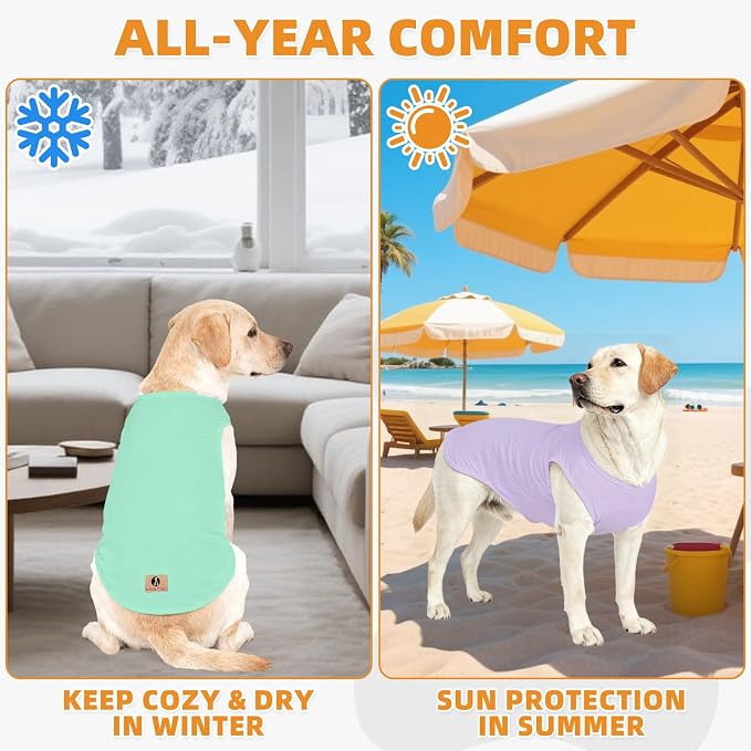 Large Dog Clothes for Boy Girl, 2 Pack Cotton Summer Dog T Shirts UV & Insect Protection for Outdoor Camping, Anti-Hair Loss Breathable Sleeveless Pet Vest Tank Tops Apparel, Green&Purple, L