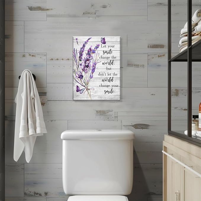 Purple Bathroom Flower Canvas Wall Decor Inspirational Wood Board Canvas Wall Art Lavender Bathroom Washroom Print Poster Rustic Wall Painting Pictures Artwrok 12x16 In