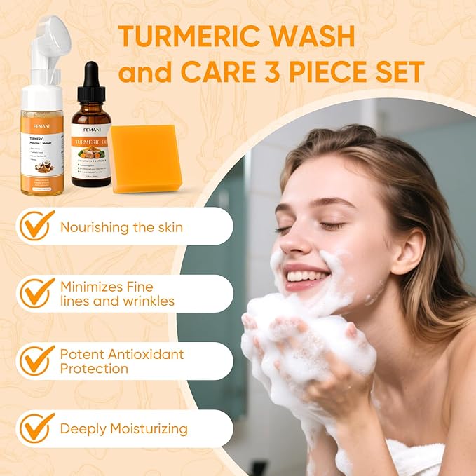 Turmeric Face Wash Set, Turmeric Facial Cleanser& Soap Bar & Oil for Face & Body Suit to All Skin Type, Protect Sensitive Skin Remove Spots Tone-evening