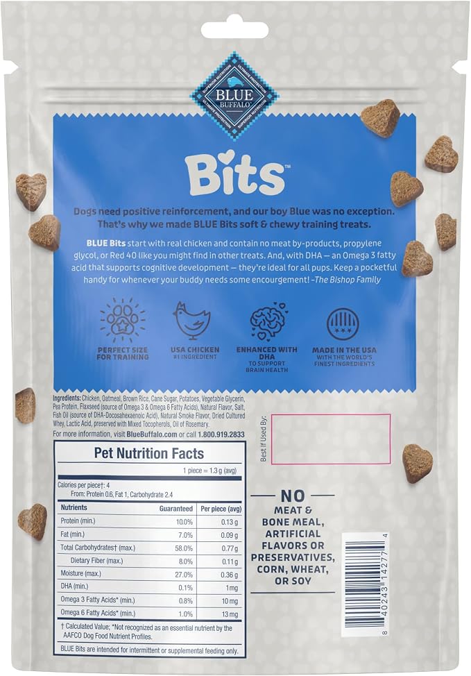 Blue Buffalo Bits Soft Dog Treats for Training, Made with Natural Ingredients & Enhanced with DHA, Chicken Recipe, 19-oz Bag (Pack of 4)