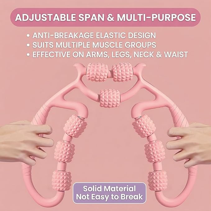 Full Body Massage Tool with 9 Rollers, Pink Manual Massager for Neck, Shoulder, Back, Arms, Legs, 25cm Length, Double Massage Area Design