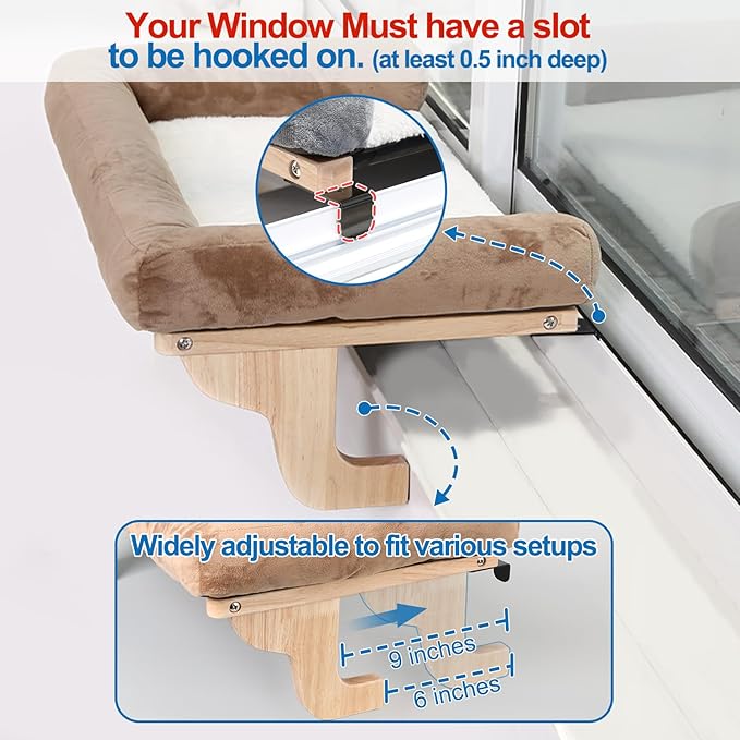 Zakkart Cat Perch for Window Sill with Bolster - Orthopedic Hammock Design with Premium Hardwood & Robust Metal Frame - Cat Window Seat for Large Cats - Natural Color Wood Brown Bed, 26.4''W
