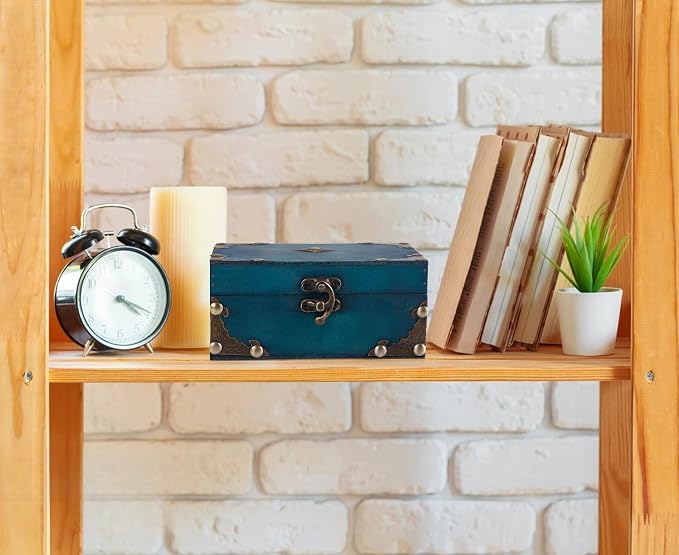 WaaHome Wood Treasure Box 5.5'' Small Decorative Teal Pirate Treasure Chest Jewelry Keepsakes Box for Kids Girls Boys Women Gifts Home Decor