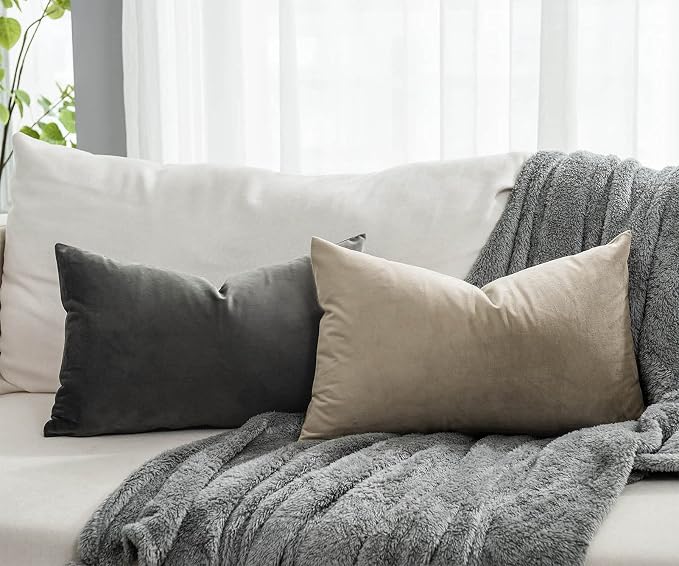 14x24 Pillow Covers Set of 2 Decorative Velvet Throw Pillow Covers,Stone | Luxury Soft Cushion Covers with Invisible Zipper for Couch Sofa Bed Living Room Bedroom Home Decor