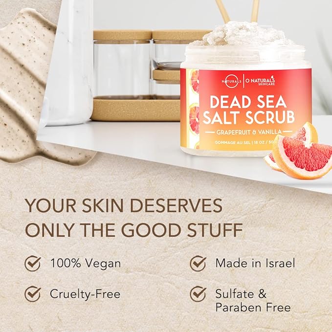 O Naturals Exfoliating Scrub, Natural Dead Sea Salt Deep-Cleansing Face & Body Scrubs. Anti-Cellulite Tones Helps Oily Skin, Acne, Ingrown Hairs & Dead Skin Remover - Grapefruit and Vanilla Oil 18oz
