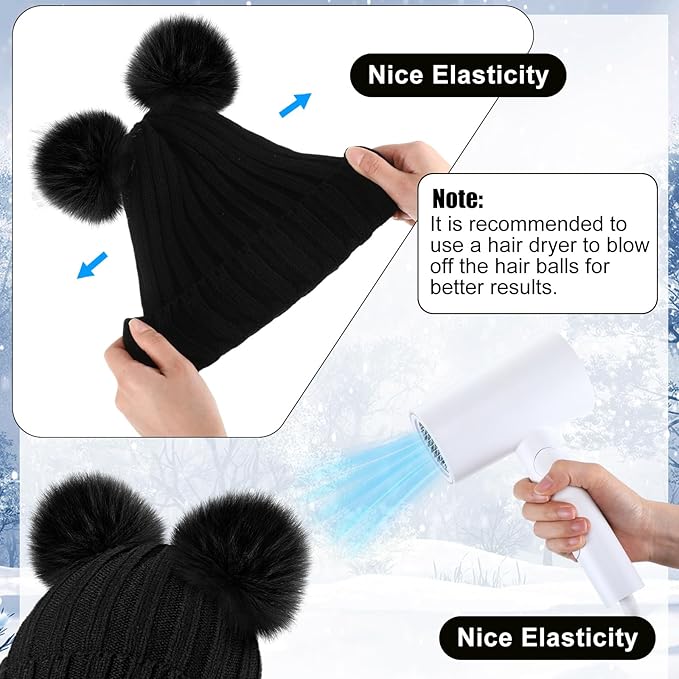 SATINIOR 5 Pcs Winter Hat Scarf Gloves Set Fleece Warm Lined Knit Beanie Hat Touch Screen Earmuff Gloves Warmer for Women(Black,Cute Style)