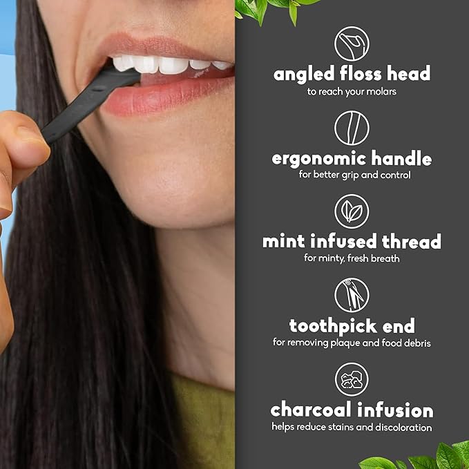 The Humble Co Molar Floss Picks for Teeth, 200 Count (Charcoal) - Angled Dental Flossers with Extended Reach for Molars & Back Teeth - Plant-Based Floss for Interdental Oral Care, Hygiene & Gum Health