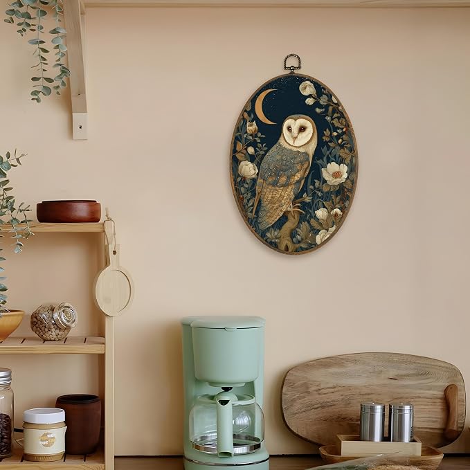LKETW Vintage Owl Floral Oval Wall Art Decor, Rustic Cottagecore Bird Oval Canvas Hanging Decor, Dark Academia Barn Owl Wildlife Wall Decorations for Home Bedroom Living Room, 8.6x11.4 Inch