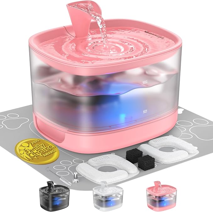 Veken 85oz/2.5L Cat Water Fountain with Detachable Tank for Cat, Dog, Red | Easy to Clean & Assemble, Pet Drinking Dispenser with Quiet Operation & LED Light, Small Pets