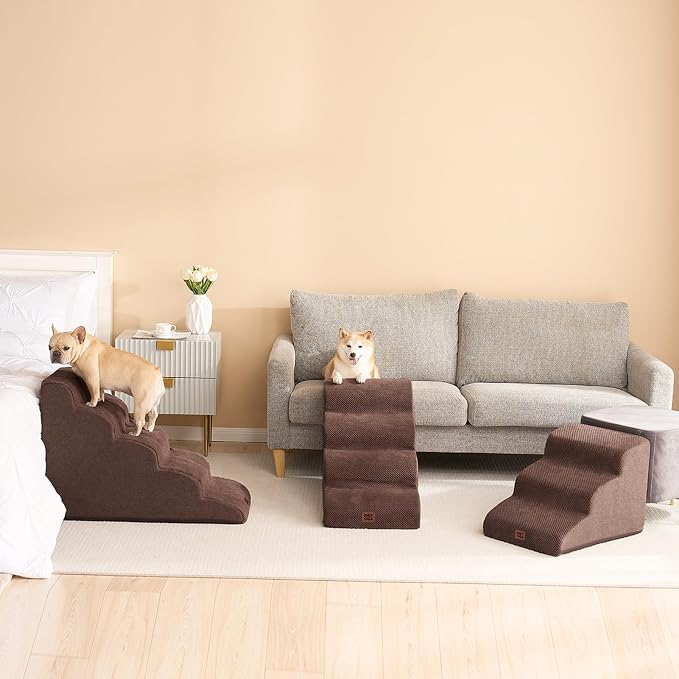 EHEYCIGA Curved Dog Stairs Ramp, 5-Step High Beds, 22.6" H Pet Step | 33D density of pure foam, for Small Dogs and Cats, Pet Stairs for High Bed Climbing, Non-Slip Balanced Indoor, Brown