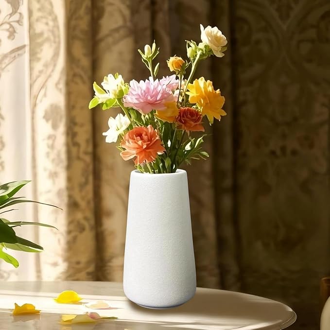 Simple Vase for Flowers Plants, Matte Vases for Modern Table Shelf Home Decor Wedding Boho Decor, 6" H Frosted Elegant Ceramic Vase for Pampas Grass Fluffy Stem Bouquet Lavender Flowers (White, 2)