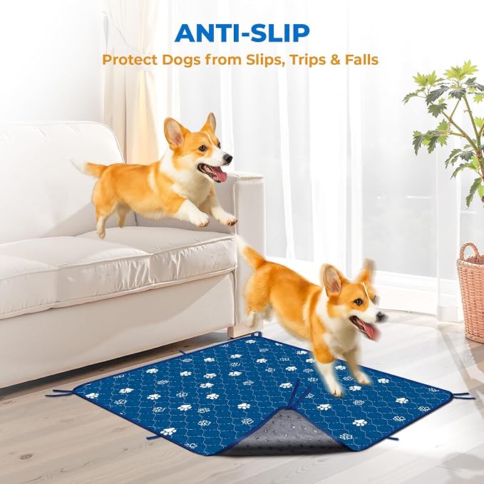Fostanfly Washable Pee Pads for Dogs, Ultra-Absorbent, 36"x48"-2 Pack, Blue | Leak-Proof, Waterproof, Non-Slip, Large Reusable Pee Pads for Puppy Potty Training, Crate and Playpen with 8 Tie Straps